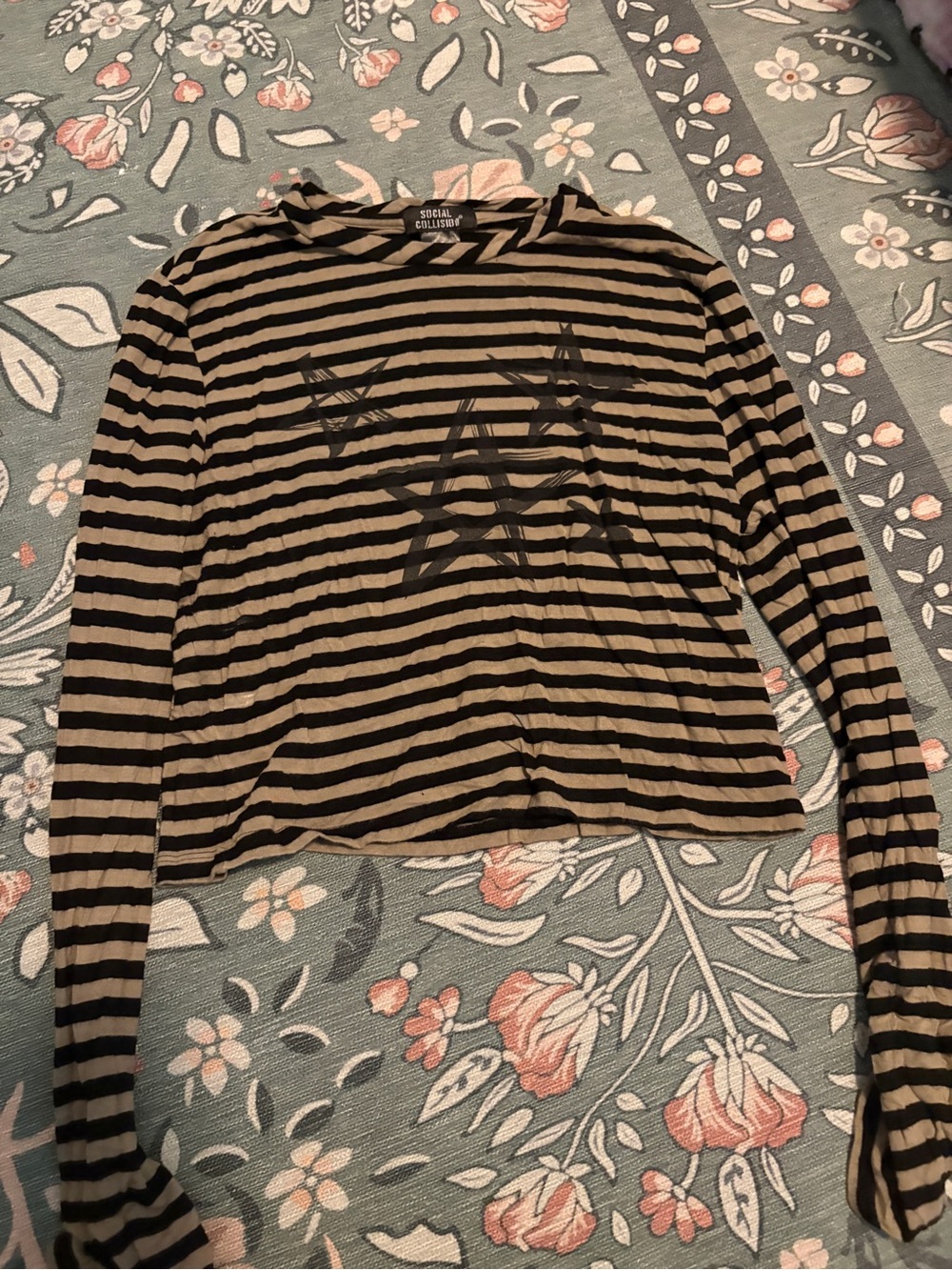 Social Collide Striped Long-Sleeve Crop Top in Brown and Black